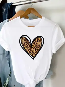 Čaj Ženy Grafické T vrchné Oblečenie Lady Leopard Tlač Láska Srdce Sladké 90. rokov Lete Cartoon Bežné Cartoon Módne Tričká (T-Shirt
