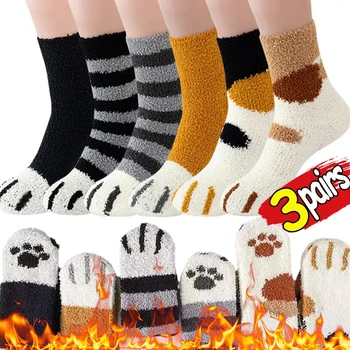 3Pairs Kawai Cartoon Ponožky pre Ženy Cute Cat Packa Vzor Žena Fleece Teplé Legrační Zviera Dot Ponožky Domov Poschodí Spanie Ponožka