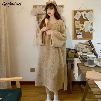 Velvet Zimné Nightgowns Ženy Hrubé Oblečenie Polovici Teľa Sleepwear O-krk Dlhý Rukáv Teplé Noci Domov na Tuhé kórejský Módne Bežné