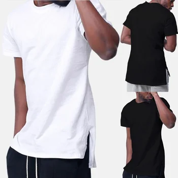 Móda Rozšírené Dlhý Riadok pánske T-shirt Streetwear Farbou Strane Split Hip Hop T-tričko Krátky Rukáv Topy Tričko Muž Oblečenie
