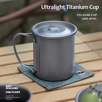 Titanium Ultralight Pohár 300 ml/450 ml Vody Pohár Hrnček s Vekom a Skladacia Rukoväť Prenosného Kempovanie Turistika Piknik Vonkajšie Riad