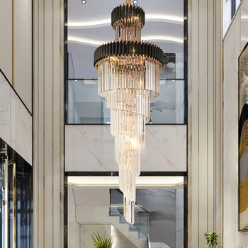 Dlho Crystal Led Lustre Veľké Prívesok Svetlo Hotel Hala Obývacia Izba Luxusné Multi-layer Schodisko Čiernej Nerezovej Ocele Lampa