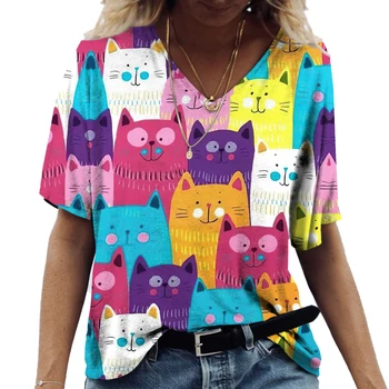 Módne dámske Tričká Kreslených Mačka Tlače Topy Letné Voľné Bežné Oblečenie pre Ženy Kawaii Krátkym Rukávom V-Neck T-Shirt 5xl
