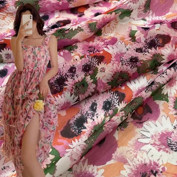 Európa A Amerika Módne Ružový Kvet Vytlačené Tenké Šifón Textílie Pre Ženy Šaty, Blúzky, Ručné DIY Handričkou Šitie