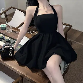 Visí na Krku Čierne Šaty s uväzovaním za jednofarebné Mini Šaty Pás Cinched Sukne dámske Oblečenie, Módne návrhárstvo A-line Sukne