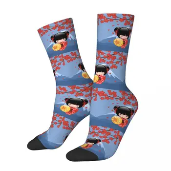 Crazy Design Sakura Kokeshi Bábika Basketbal Ponožky Roztomilý Dievča Polyester Dlhé Ponožky pre Unisex Priedušná