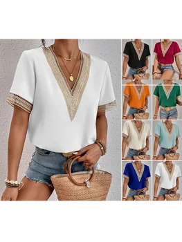 2023 lete nové čipky V-krku-krátke rukávy T-shirt ženy voľné bežné blúzka thin solid farba pulóver