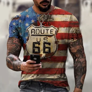 Pánske retro krátke rukávy T-shirt, 3D vytlačené T-shirt na Route 66 v usa, okolo krku, veľké oblečenie