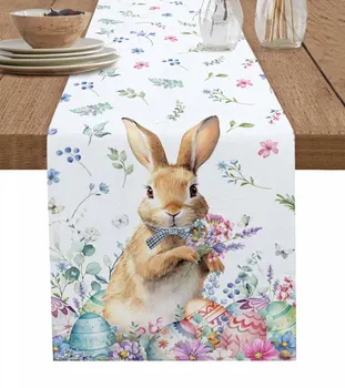 Veľkonočné Vajíčka Bunny Kvety Stôl Runner Bavlnená Posteľná Bielizeň Svadobné Dekor Obrus Dovolenku Kuchyňa Decor Stôl Runner