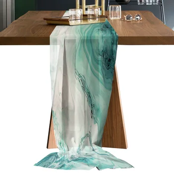Mramor Tekutiny Textúra Modro-Zelené Šifón Stôl Runner pre Svadobné Hotel Úplnej Obrus Domov Kuchyňa Decor Voile Stolové Prestieranie