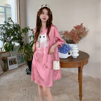 Ženy Ružový Satén Roztomilé Mačka Tlače Nightdress Sleepwear Oblečenie Pre Voľný Čas Čínsky Štýl Nightgown Bielizeň, Pyžamá