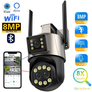 8MP 4K Vonkajšie Wifi Fotoaparát, Dual Objektívom Auto Tracking Alarm, Duálny Displej Vonkajšie Nepremokavé Bezpečnostná Kamera Video Dohľad Icsee