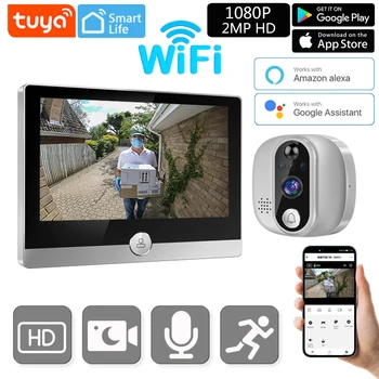 Tuya Smart Video Zvonček Fotoaparát, WiFi 1080P Peephole Zvonček IP S 4,3 palcový Displej Pracuje S Alexa Domovská stránka Google