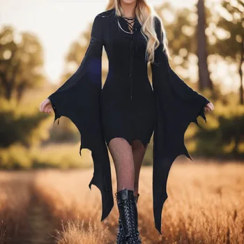 Ženské Halloween Custume Vintage Goth Čierne Šaty Bodycon Mini Šaty Krátke Sexy Šaty, Odvážne Párty Šaty Vestido Župan